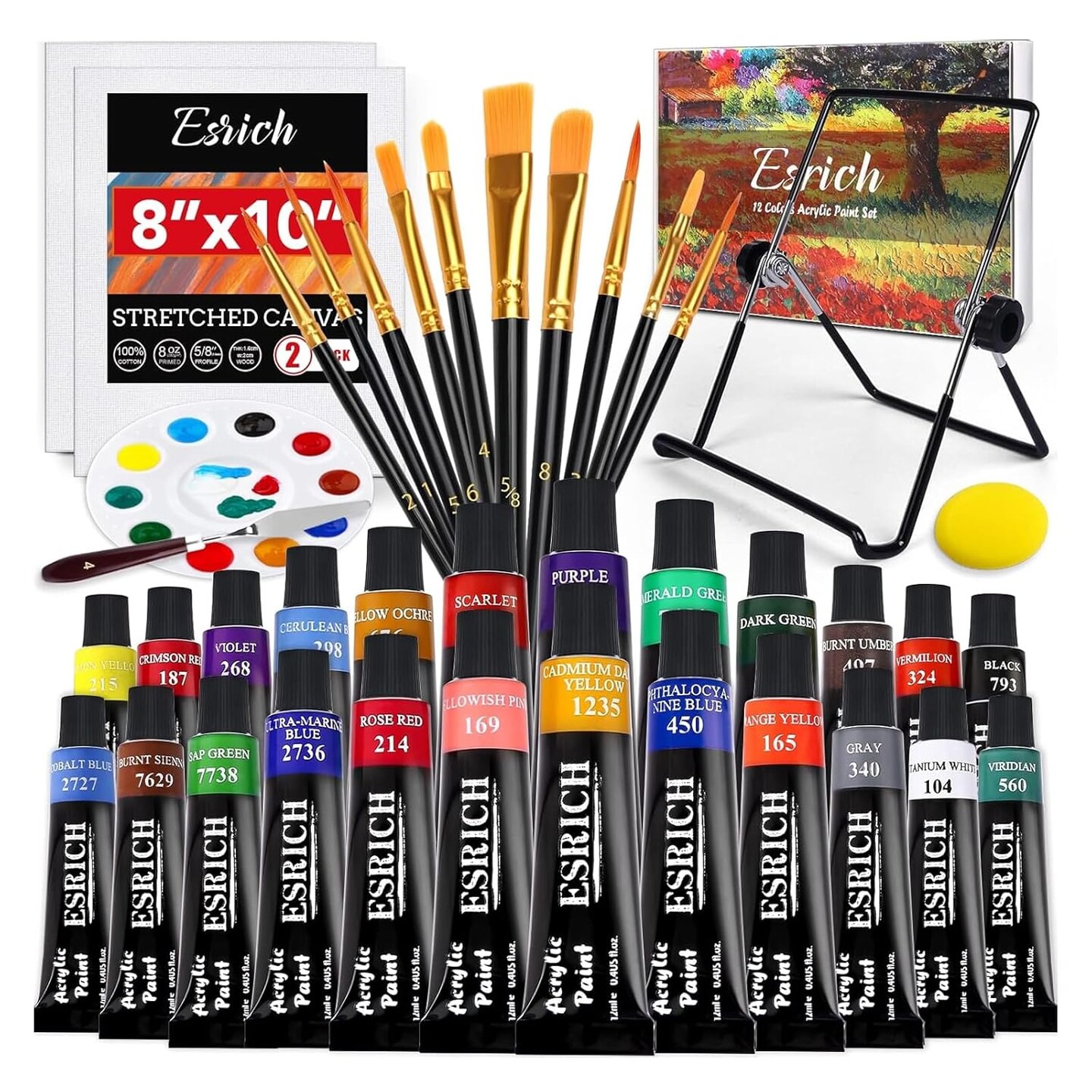40PCS Acrylic Paint Set,Professional Painting Supplies with Acrylic,Canvas Panels,Brushes,Paint Knife,Sponge,Plastic Palette and Metal Easel for Adults,Kids and Artists