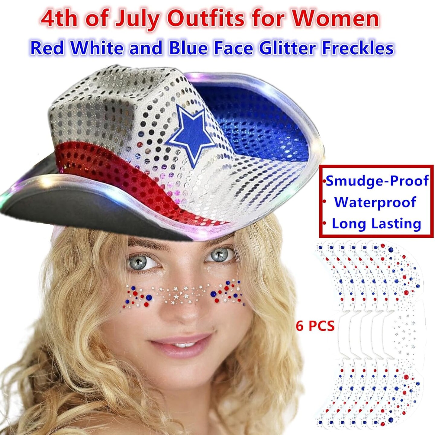 6PCS Red White and Blue Face Glitter Freckles,4th of July Accessories,Temporary Tattoos Face Stickers,Fourth of July Outfits Women Kids,USA Flag Pride Glitter Stickers Face Tattoo
