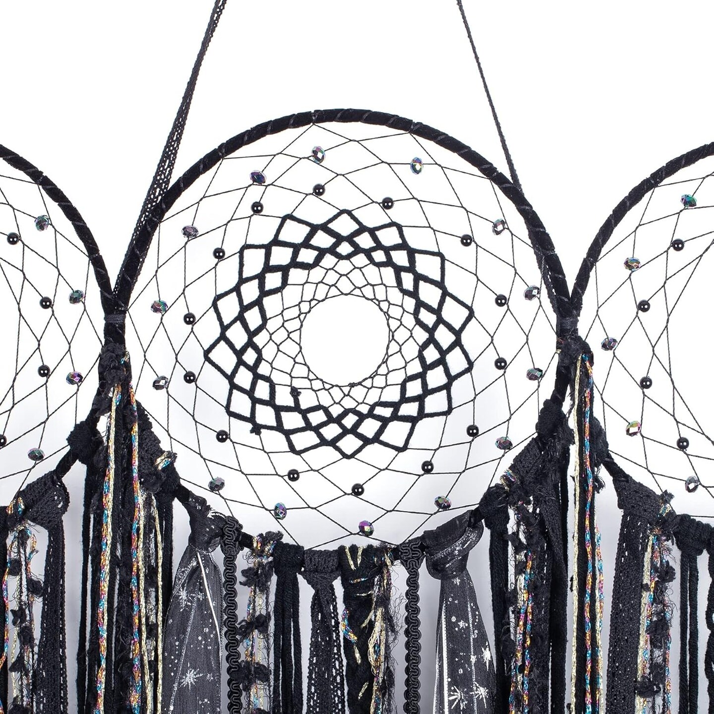 Black Triple Moon Goddess Macramé Wall Hanging – Wicca Crescent Dreamcatcher, Pagan Boho Woven Tapestry for Bedroom or Witch Home Décor