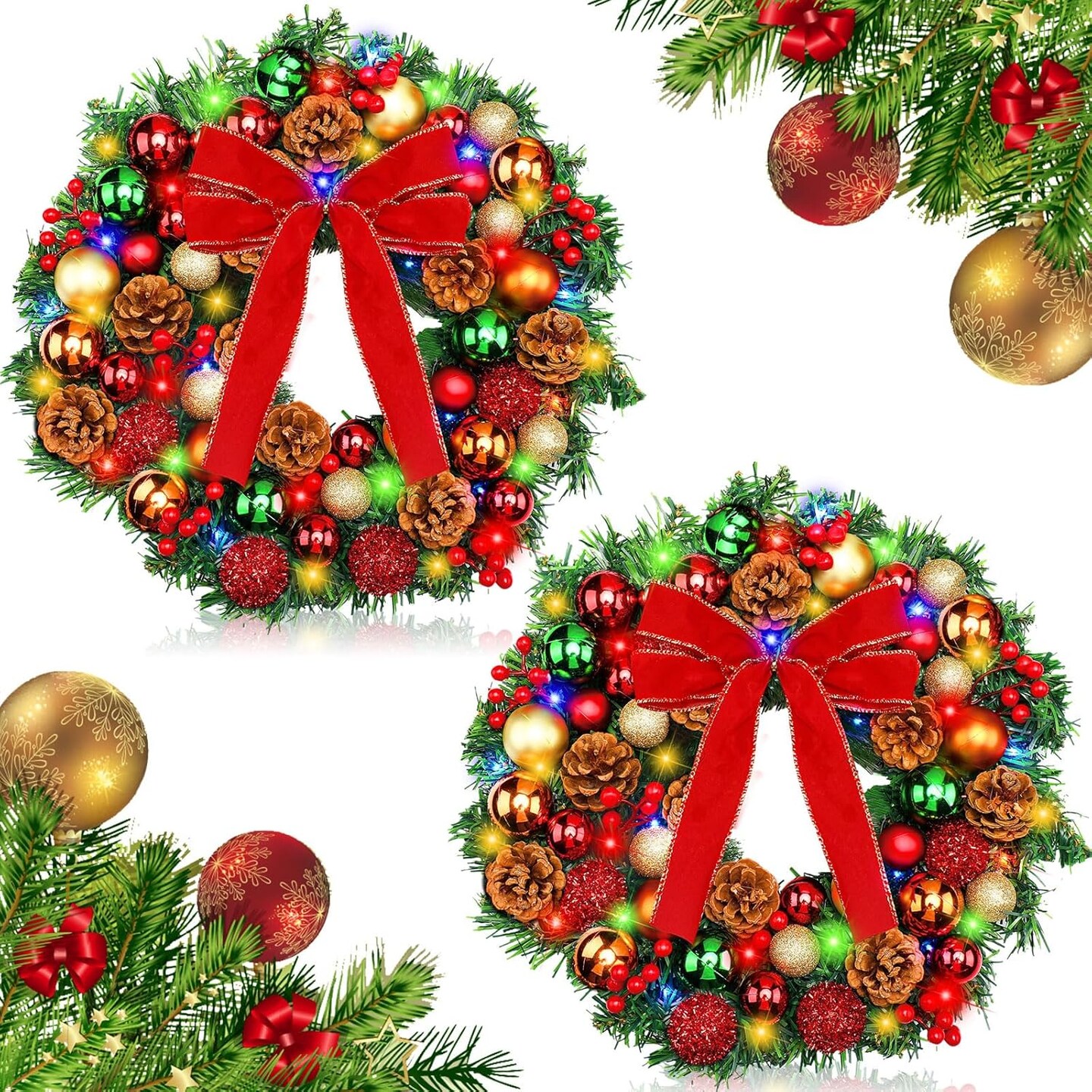 2 Pcs Pre-lit Christmas Wreath with Light for Front Door (Red) 11.81"D x 2.75"W x 11.81"H