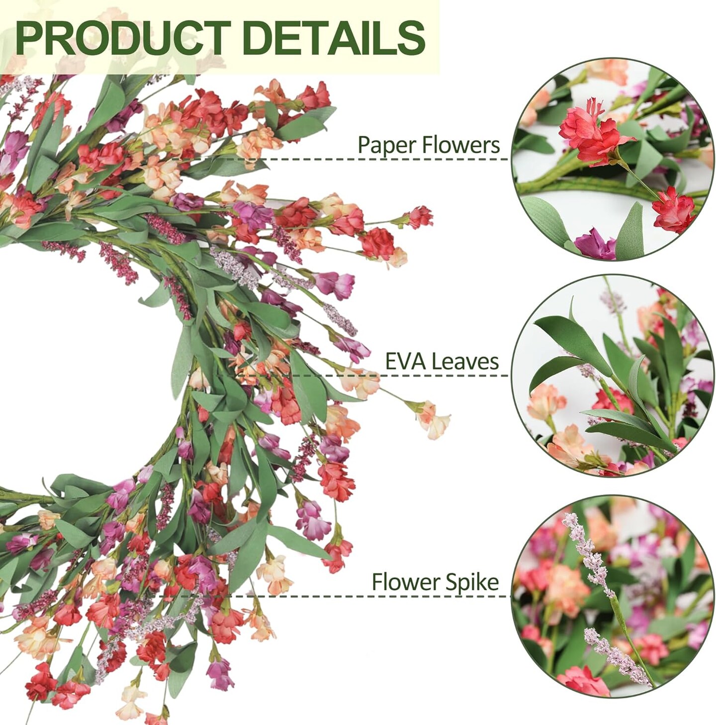Front Door Wreath 24 Inch Spring/Summer Wreaths for Front Door, Front Door Wreaths for All Seasons for Indoor Outdoor Home Office Wall Window Wedding Farmhouse Decor (Red&Orange&Purple)