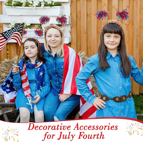 6 Pcs Pom Pom Headbands - 4th of July Head Boppers - Fluffy Ball Yarn Hairband - Party Hair Accessories for Women Girls - Patriotic Red White Blue
