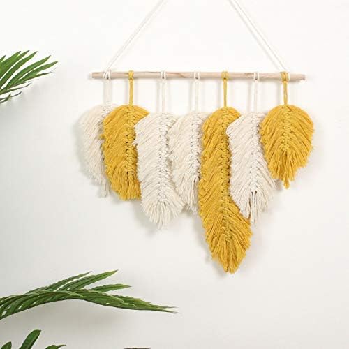 Handmade Macrame Wall Hanging Feather Boho Wall Decor Yellow Chic Woven Leaf Tassels Decoration Cotton Ornaments Tapestry Room Decor For Bedroom Living Room Apartment Porch Gifts for Teen Girl Women