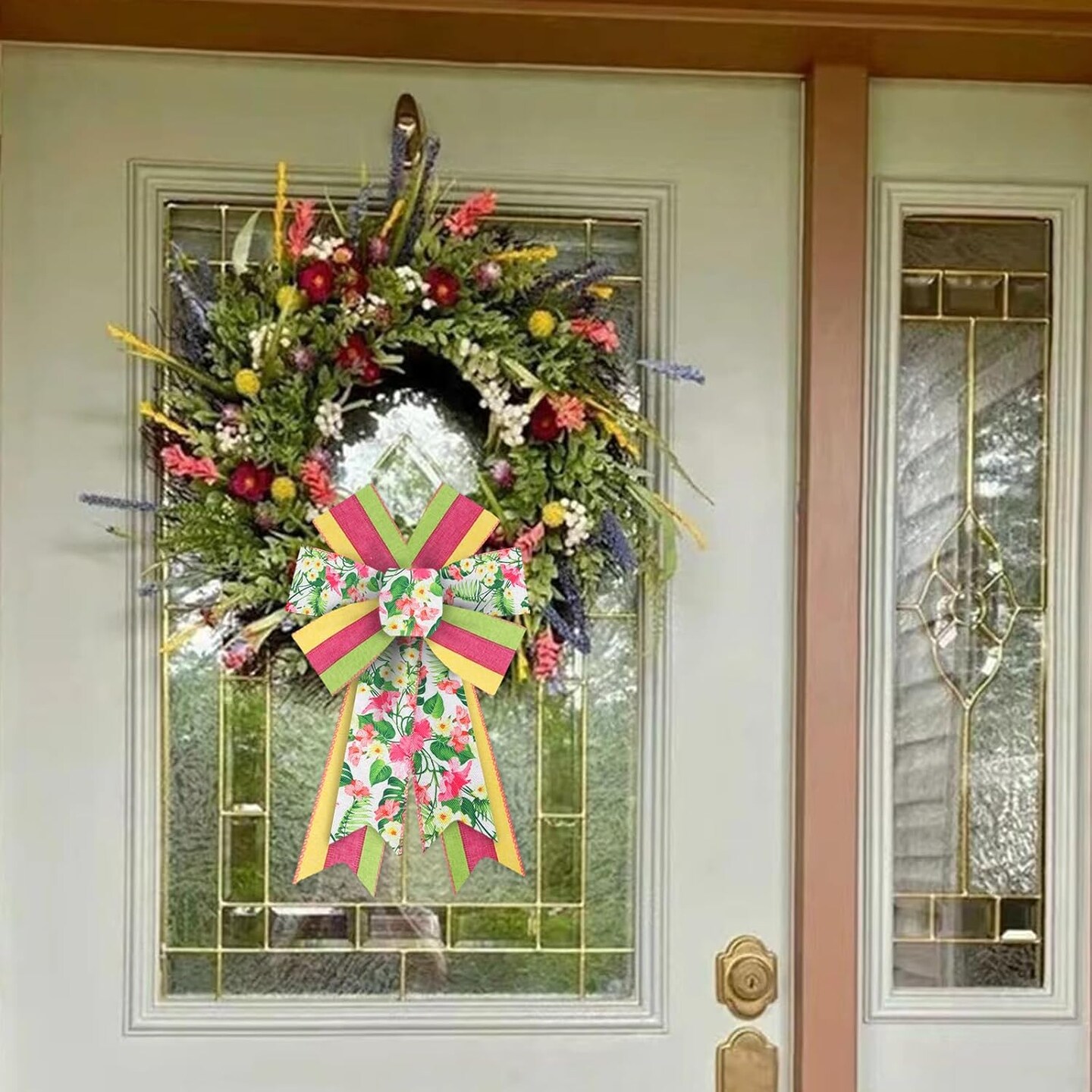 2 Rolls Spring Craft Ribbons, 2.5"10 Yards Wired Edge Yellow Pink Burlap Ribbons with Flowers & Leaves for Wreath Bows