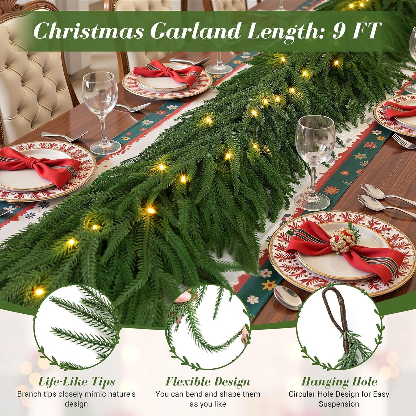 9ft Artificial Christmas Garland with Lights
