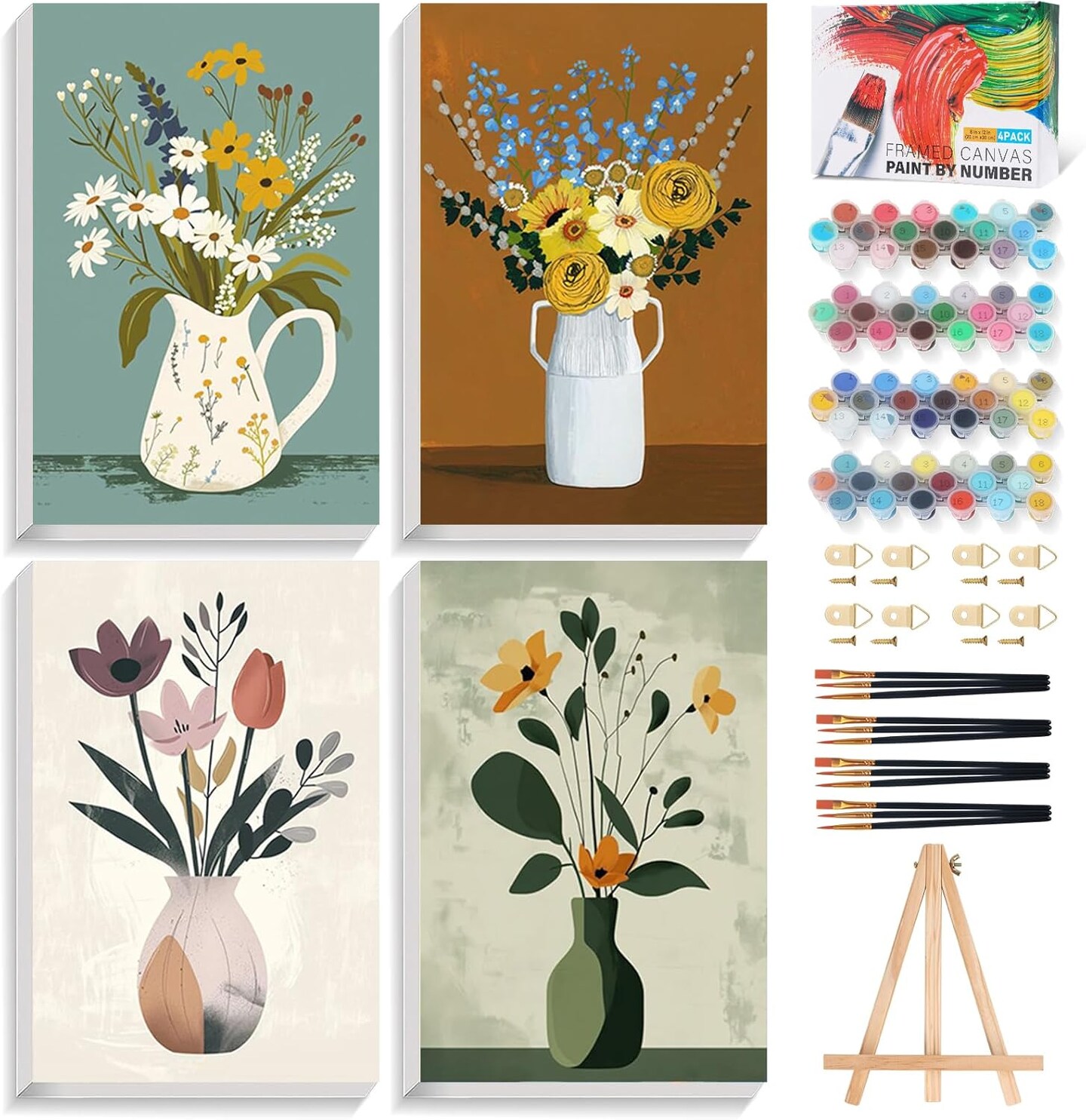 4 Pack Framed Paint by Numbers Kit for Adults Beginners with Wooden Easel, DIY Easy Flowers Paint by Number Kit with Frame, Flower in a Vase Framed Paint by Numbers for Home Wall Decor, 8x12 inch