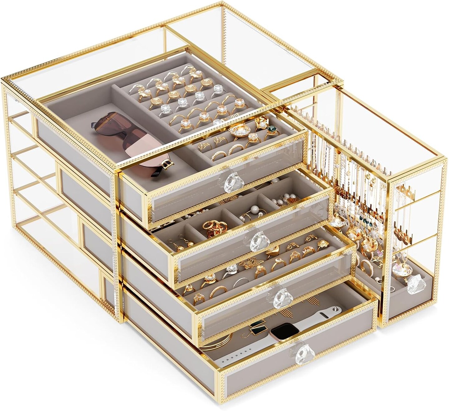 Jewelry Box Tempered Glass 5-Drawer Jewelry Organizers and storage, Large Jewelry Boxes & Organizers With Velvet Necklaces Earring Organizer.