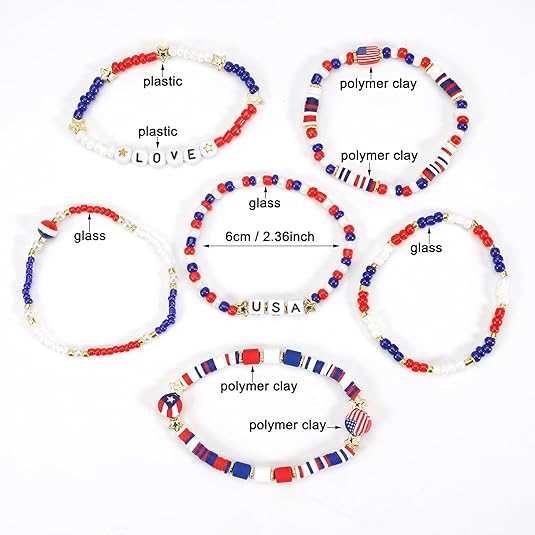 American Flag Bracelet for Women Mens USA Red Blue White Beads Stretch Bracelet Set Patriotic 4th of July Independence Day