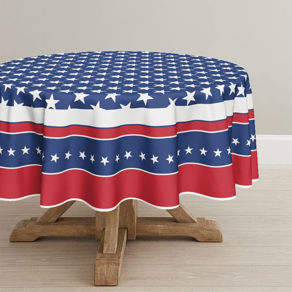 4th of July Tablecloth 70x70 Inch Round, Patriotic Memorial Day Independence Day American Flag Table Cover for Party Picnic Dinner Decor