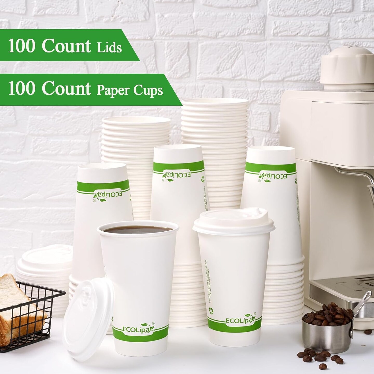 100 Count 16 oz Compostable Paper Coffee Cups, Biodegradable Disposable Coffee Cups with CPLA Lid, Eco-friendly Hot Drinking Cups for Party, Picnic, Travel,and Events