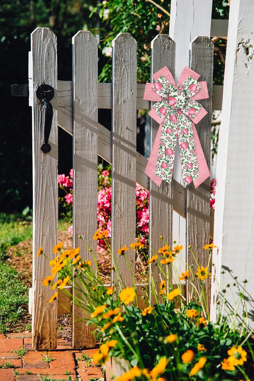 Spring Flowers Bows, 2.5"10 Yards Wired Edge Ribbons - Pink Burlap Floral Leaves for Crafting Spring Wedding Decorations
