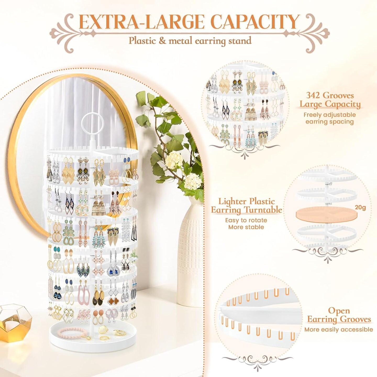 Tiered Rotating Earring Organizer – Adjustable Plastic & Metal Display Stand with 342 Grooves for Dangle and Hoop Earrings, Large Jewelry Rack Tower (White)