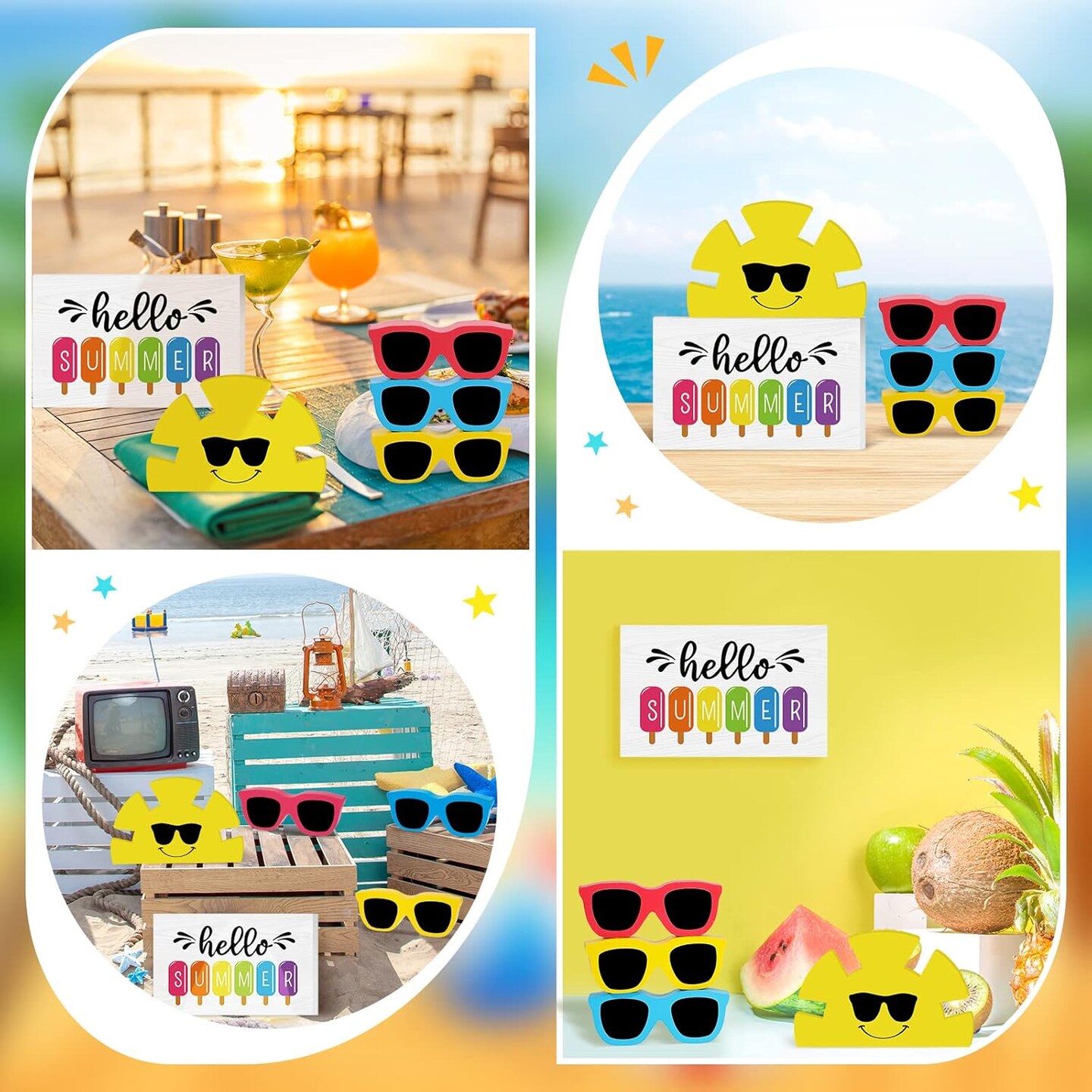 5 Pcs Hello Summer Tiered Tray Decor Wooden Sunglasses Table Decor Set Rustic Tabletop Decoration Farmhouse Sunshine Flower Wood Table Sign Centerpieces Summer Decorations for Home Office Shelf