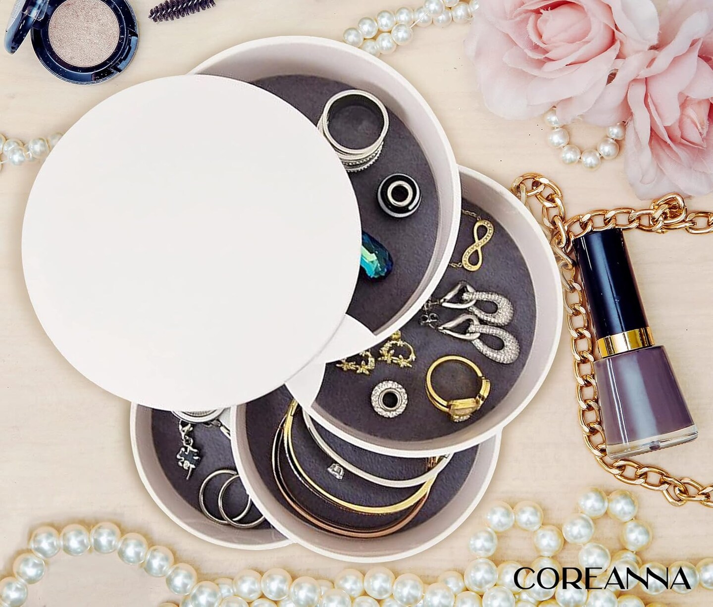 Jewelry Organizer - Portable &#x26; Small Jewelry Box for Storage, Vanity Desk Organization, Travel - 4 Layer Rotating Case Trays for Women&#x27;s Accessories, Bracelets, Earrings, Necklaces &#x26; Rings
