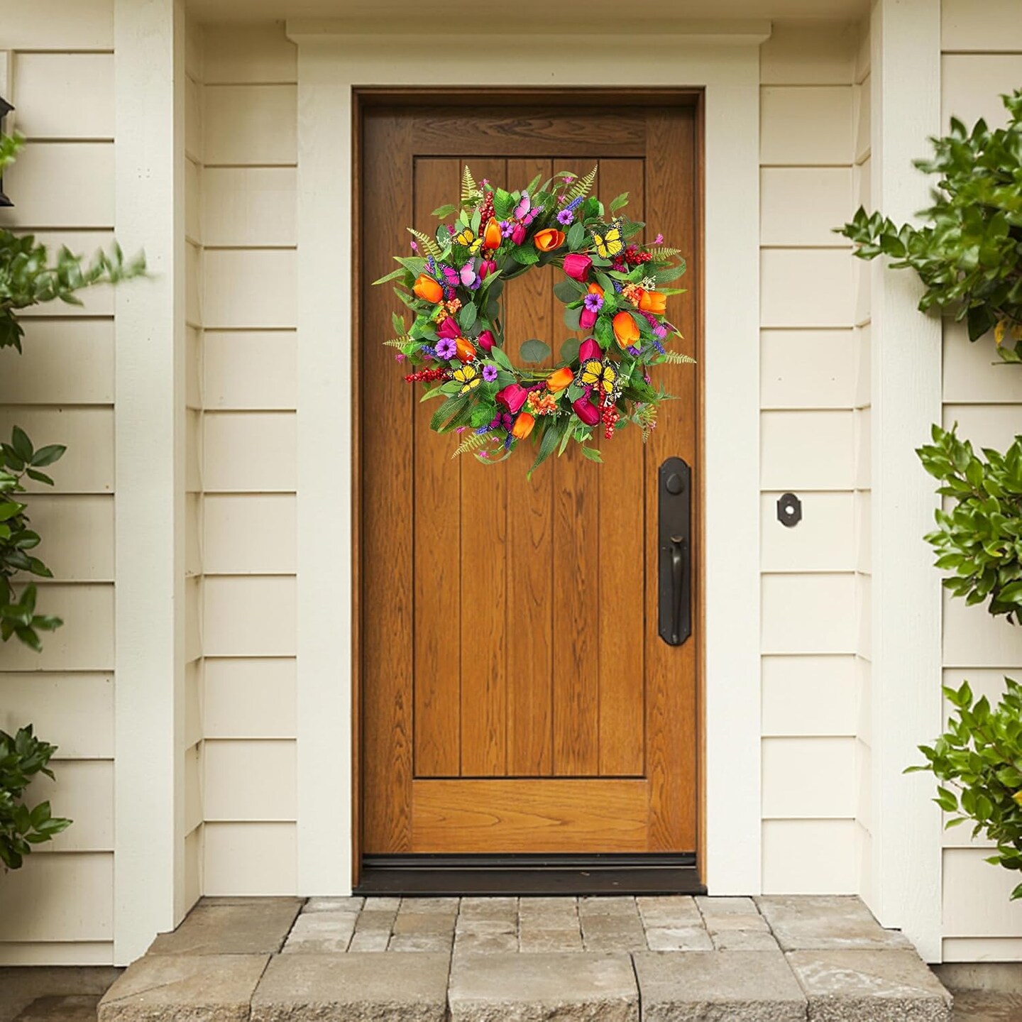 Spring Summer Wreath for Front Door 22 Inch Artificial Tulips Wreath with Eucalyptus Leaves Lavender Ferns Colorful Silk Flowers Butterflies for Home Farmhouse Indoor Outdoor Wall Decor