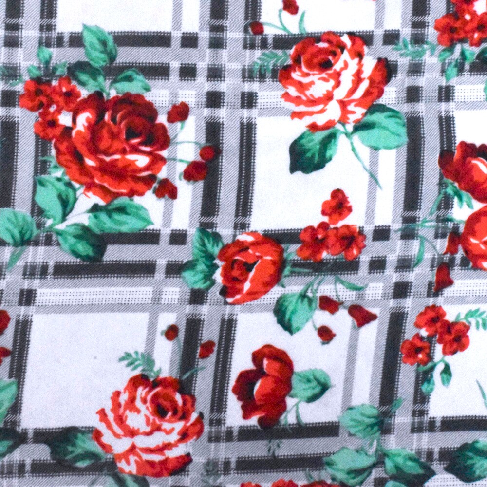 Red-Green-Multi Floral Plaid Printed Poly Chiffon Woven Fabric By the Yard