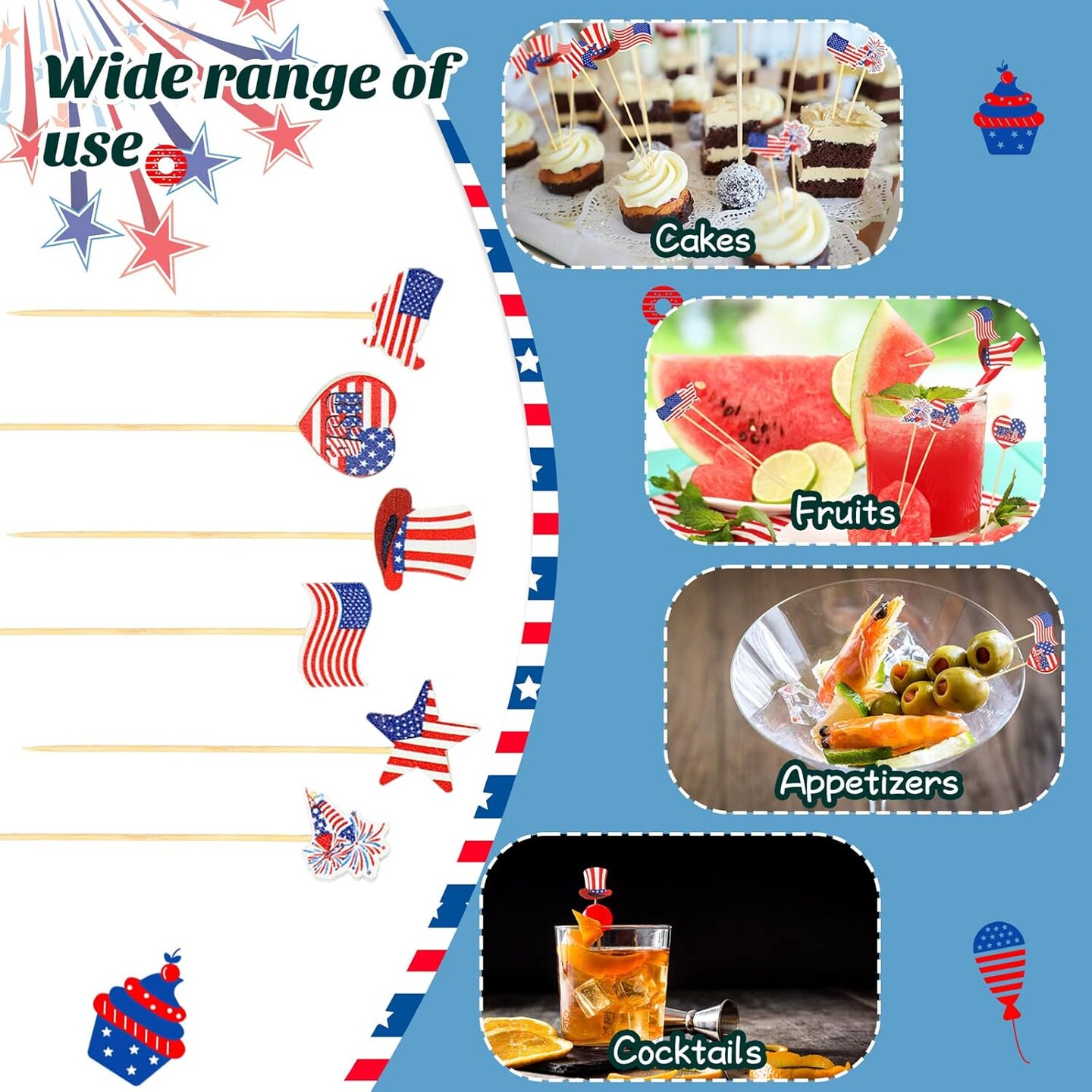 240 Pcs 4th of July Toothpick Patriotic Cocktail Picks American Flag Cupcake Topper 4.72 Inch Bamboo Fruit Sticks for Independence Day USA Party Favors Decorations Supplies, 6 Styles