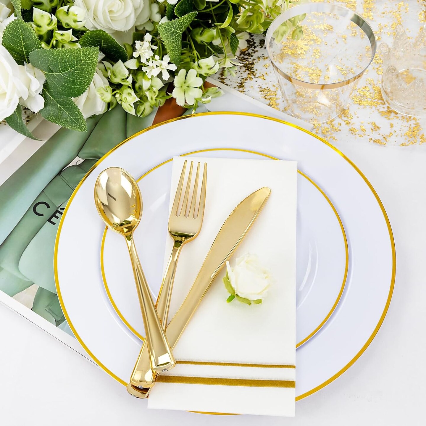350 PCS Elegant White and Gold Disposable Dinnerware Set - Premium Dinner &#x26; Salad Plates, Cups, Napkins &#x26; Cutlery for 50 Guests - All-Inclusive Party Plastic Plates