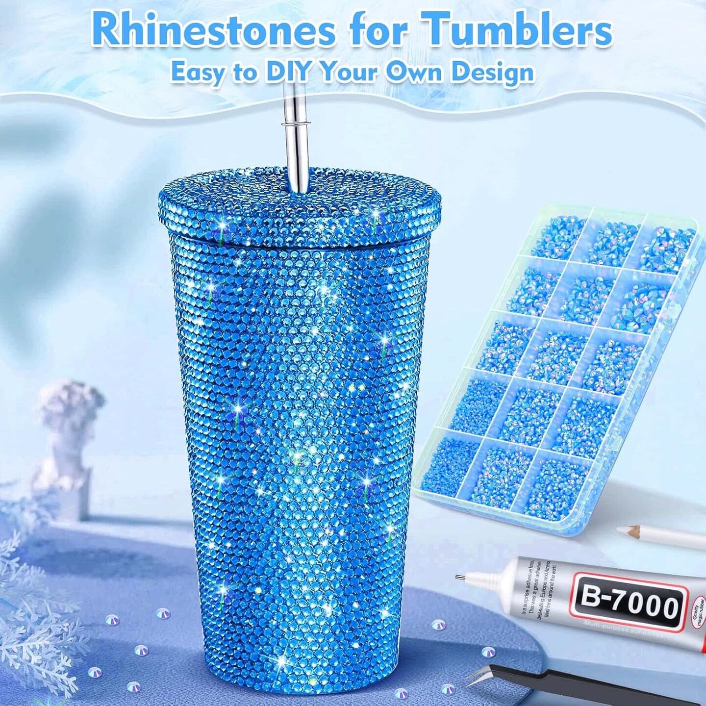 14000Pcs Flatback Light Blue Rhinestones with B7000 Adhesive Glue for Crafts, AB Color Jelly Rhinestones Resin Gems with Tweezer &#x26; Picker Pens for Shoes, Tumblers, Clothes Decoration