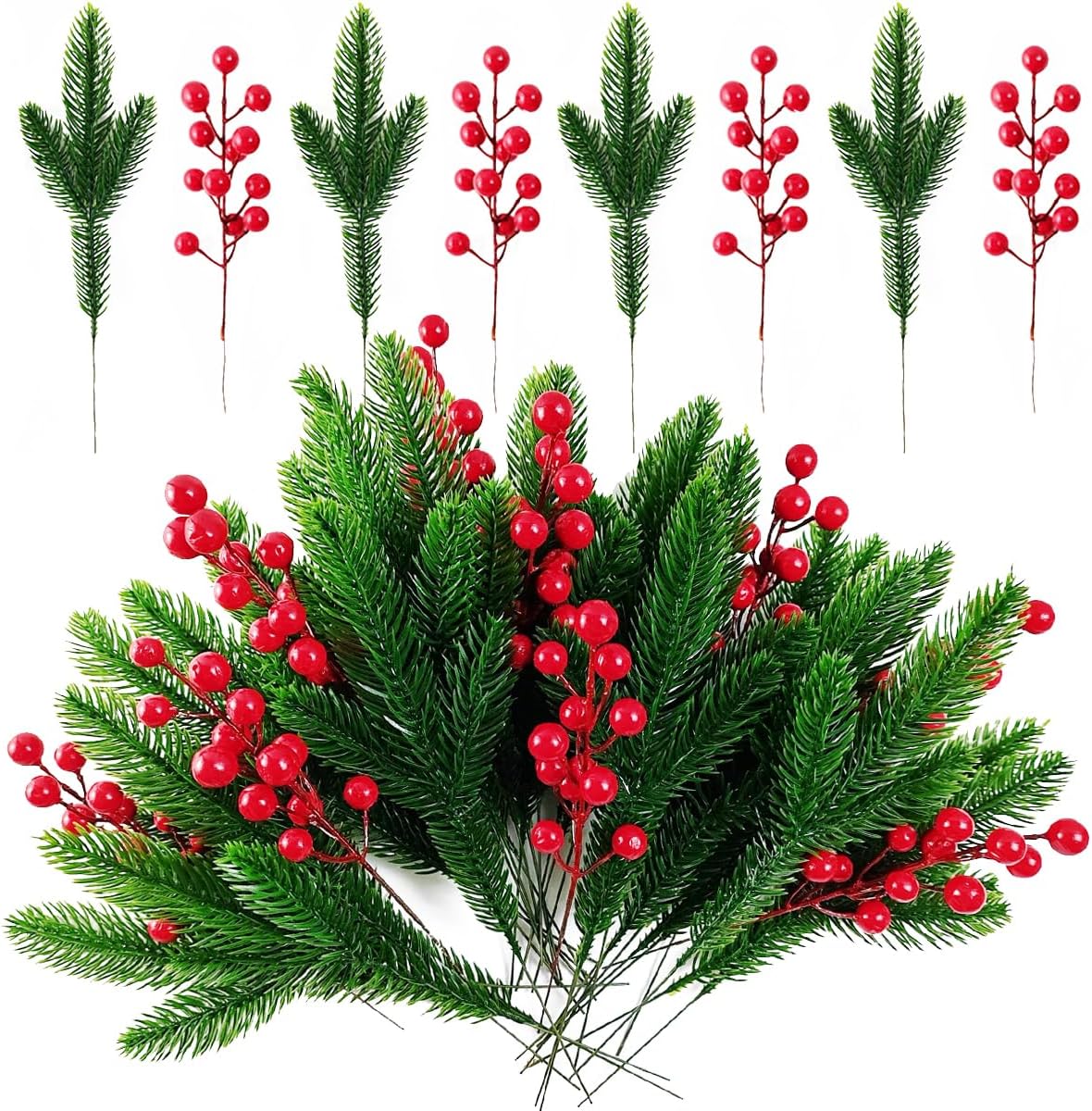 32PCS Artificial Pine Branches Christmas Holly Berries (Red and Green) 0.02"D x 0.02"W x 0.02"H