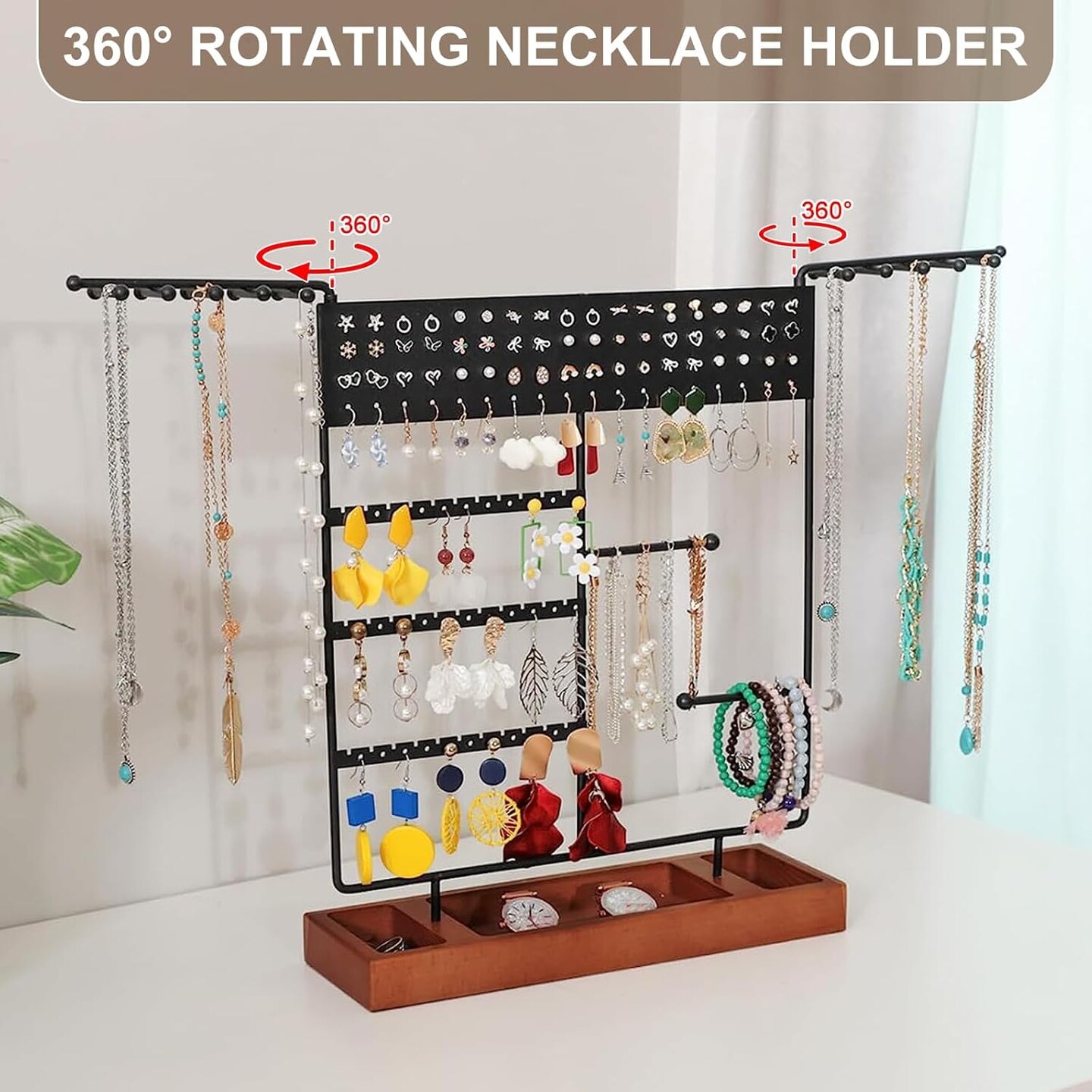 Earring Holder, Ear Stud Organizer with Wooden Tray,Earring Display Stand with 360&#xB0; Rotating Necklace Holder,Jewelry Organizer Stand for Earrings Bracelets Watches and Rings,Black