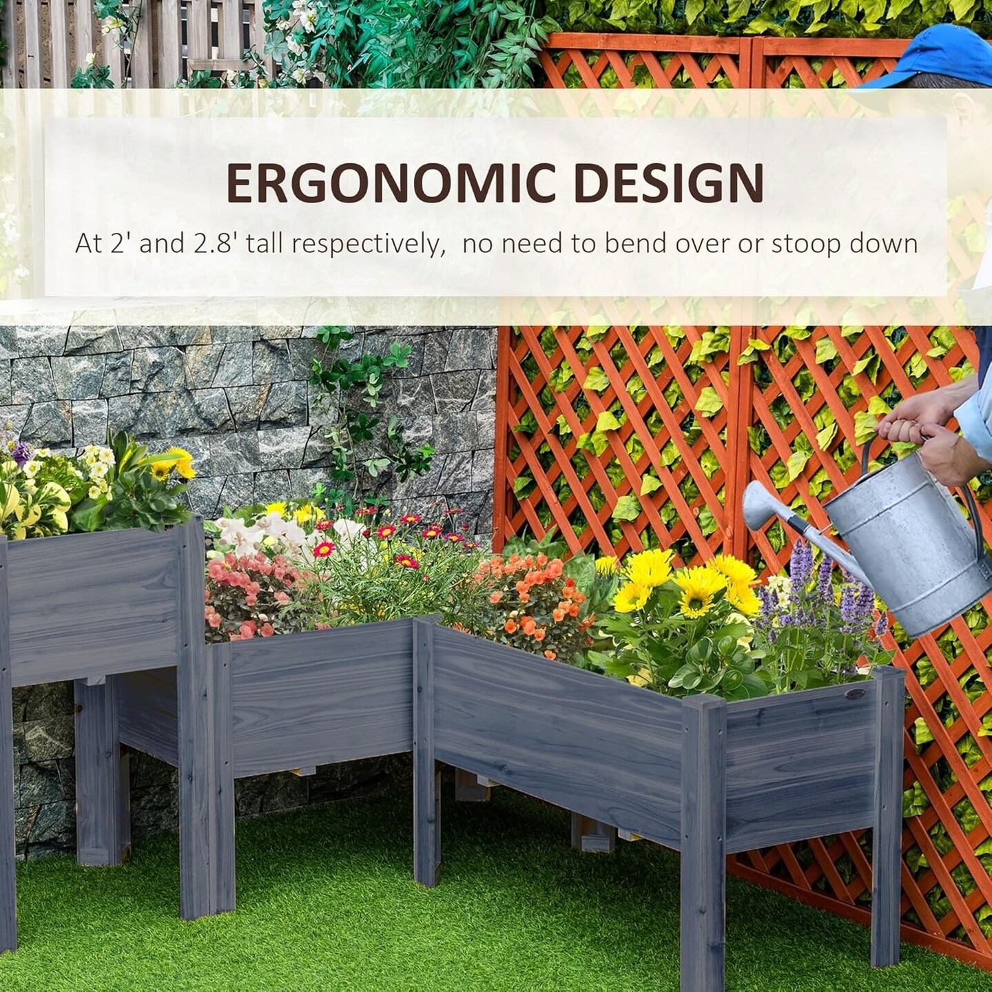 Set of 3 Wood Raised Garden Beds with Legs &#x26; Liners