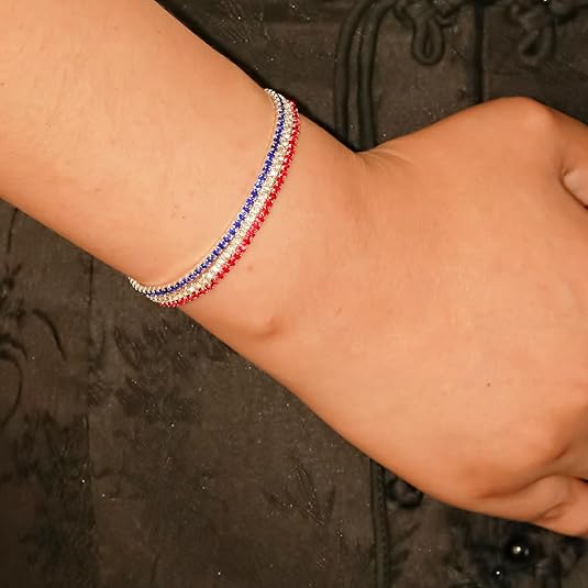 USA American Flag Rhinestone Bracelet for Women 4th of July Bracelets Patriotic Bracelets 3pcs Red White Blue Zircon Tennis Bracelets Independence Day Patriotic Jewelry Accessories