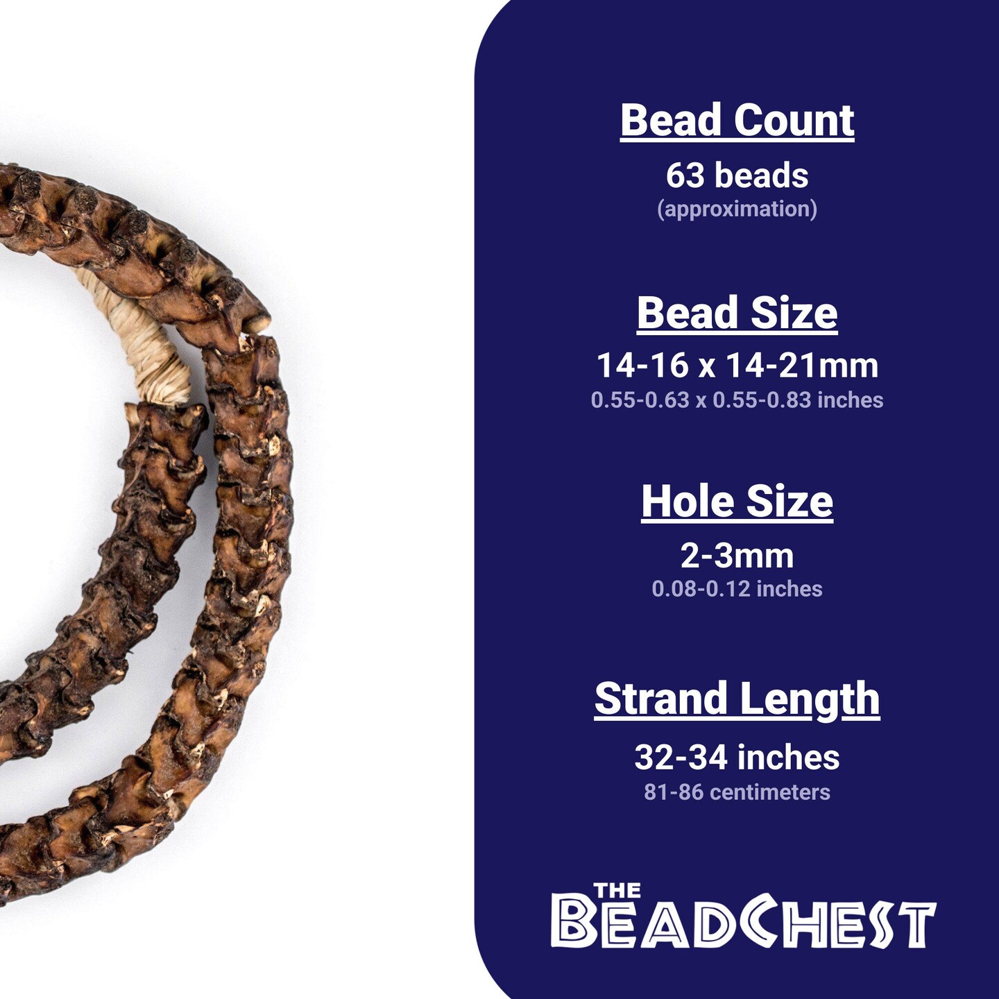 The Bead Chest Real Snake Vertebrae Beads from Africa Extra Large 18mm Nigeria African Brown Interlocking Bone Large Hole 32-34 Inch Strand