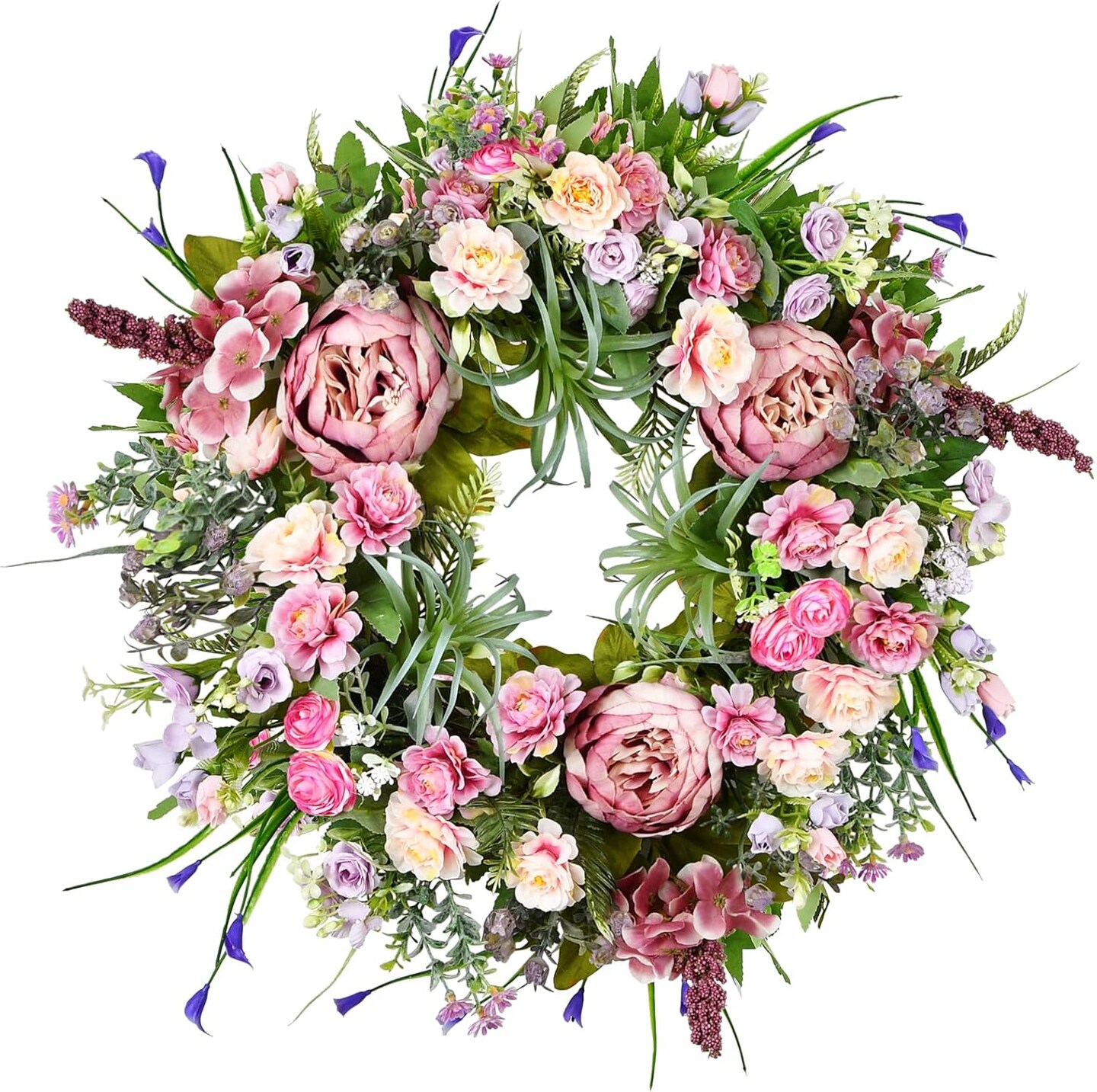 Peony Spring Summer Wreath for Front Door 20inch, TechKen Handmade Articial Blooming Peony Succulent Wreath