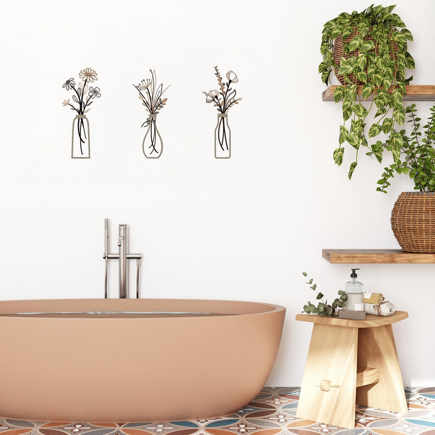 3 Pieces Metal Flowers Wall Arts - Rustic Farmhouse Style Décor Metal Wall Art Black Minimalist Flower Natural Themed Wall Decors for Home Bedroom Dining Room Housewarming (Brown)