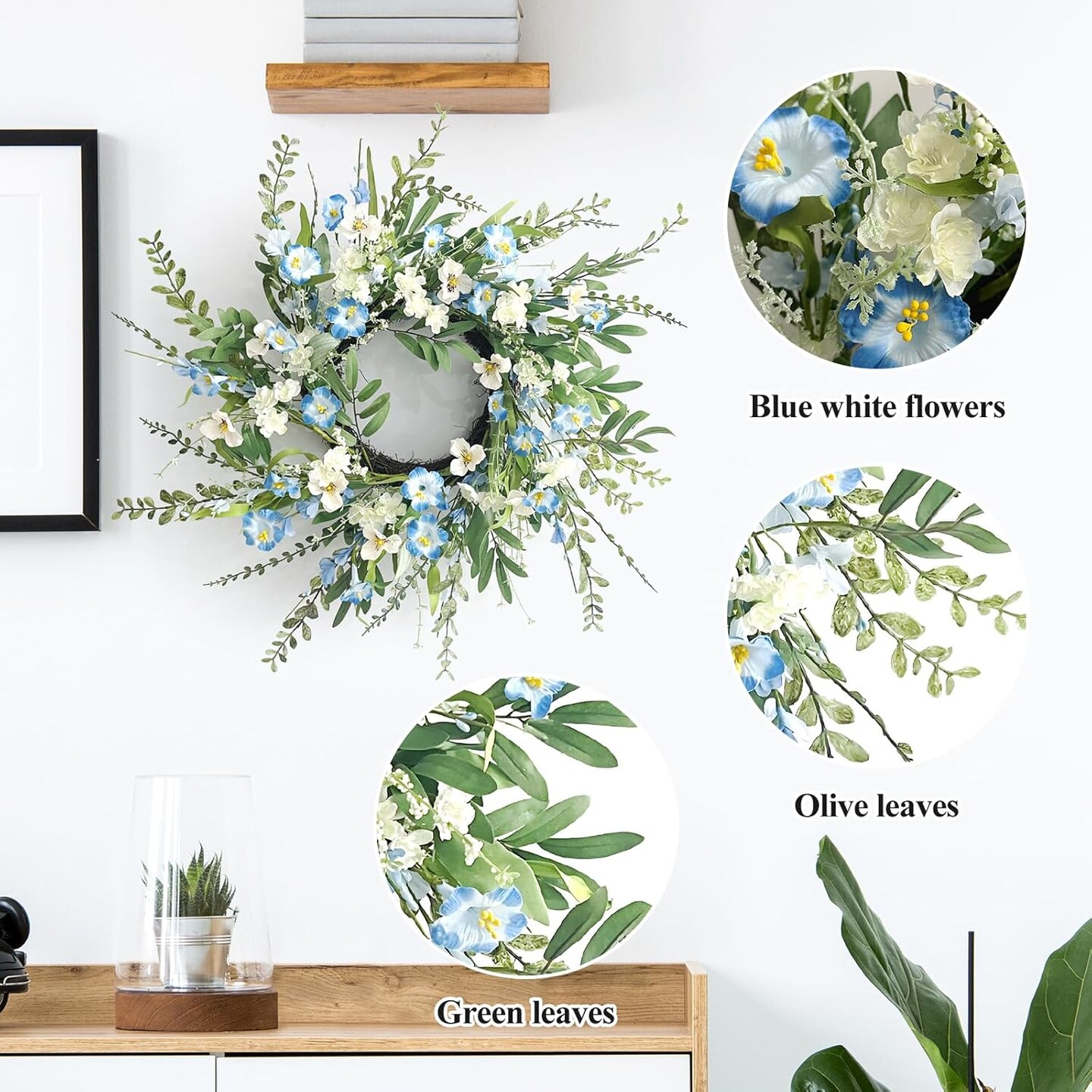 Spring Summer Wreaths for Front Door, 24 Inch Summer Wreath with Blue White Wildflower, Wreath for Farmhouse Outdoor Porch Home Wall