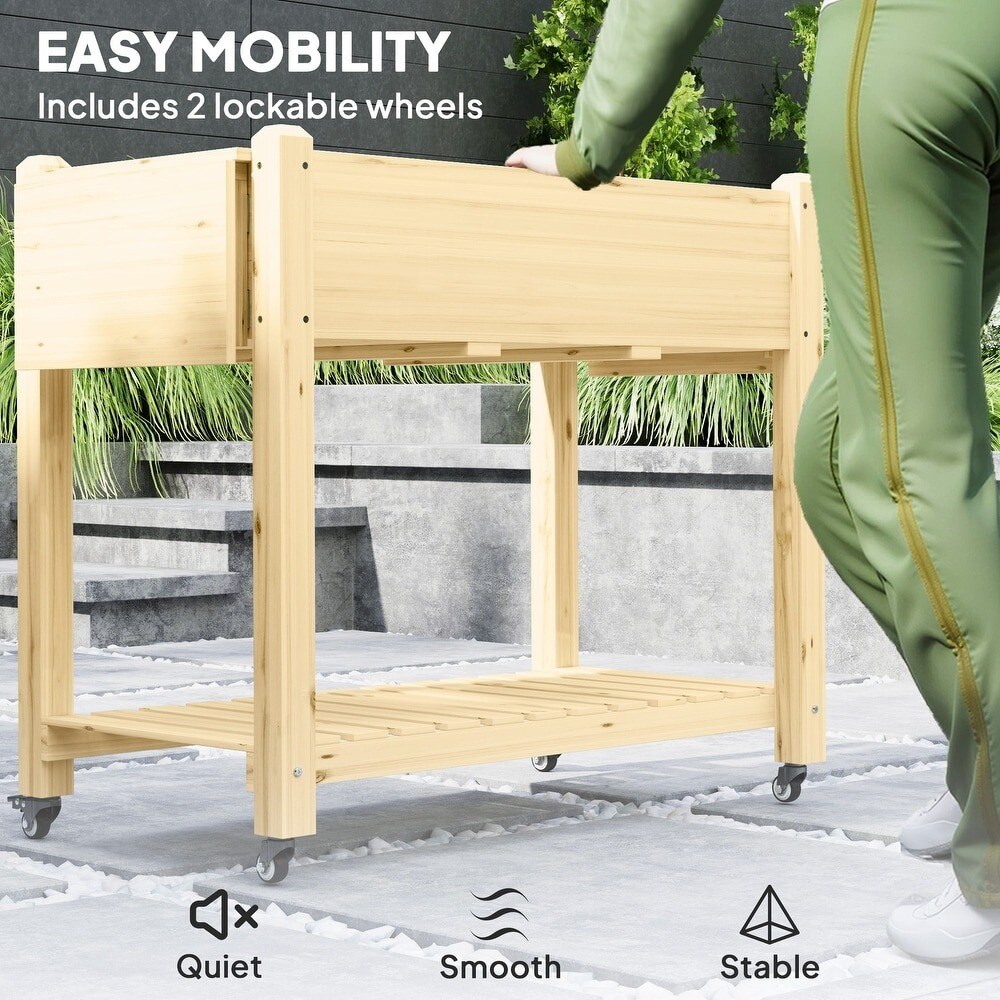 Wood Raised Garden Bed with Lockable Wheels, Side Tables, Bottom Shelf &#x26; Liner