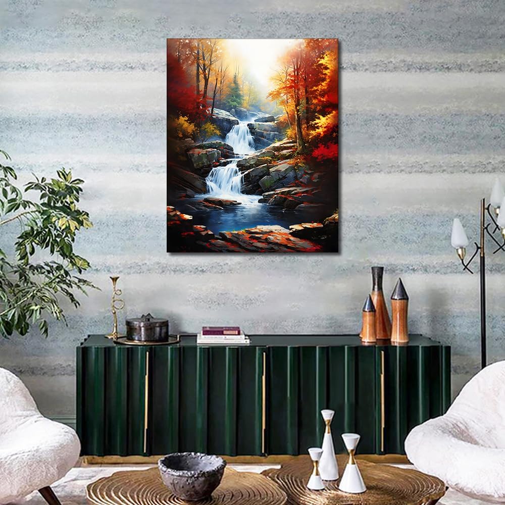 Adult Paint by Number Kits on Canvas Autumn Landscape Paint by Numbers for Adult Beginner Forest Waterfall Color by Numbers for Adults Craft Kits
