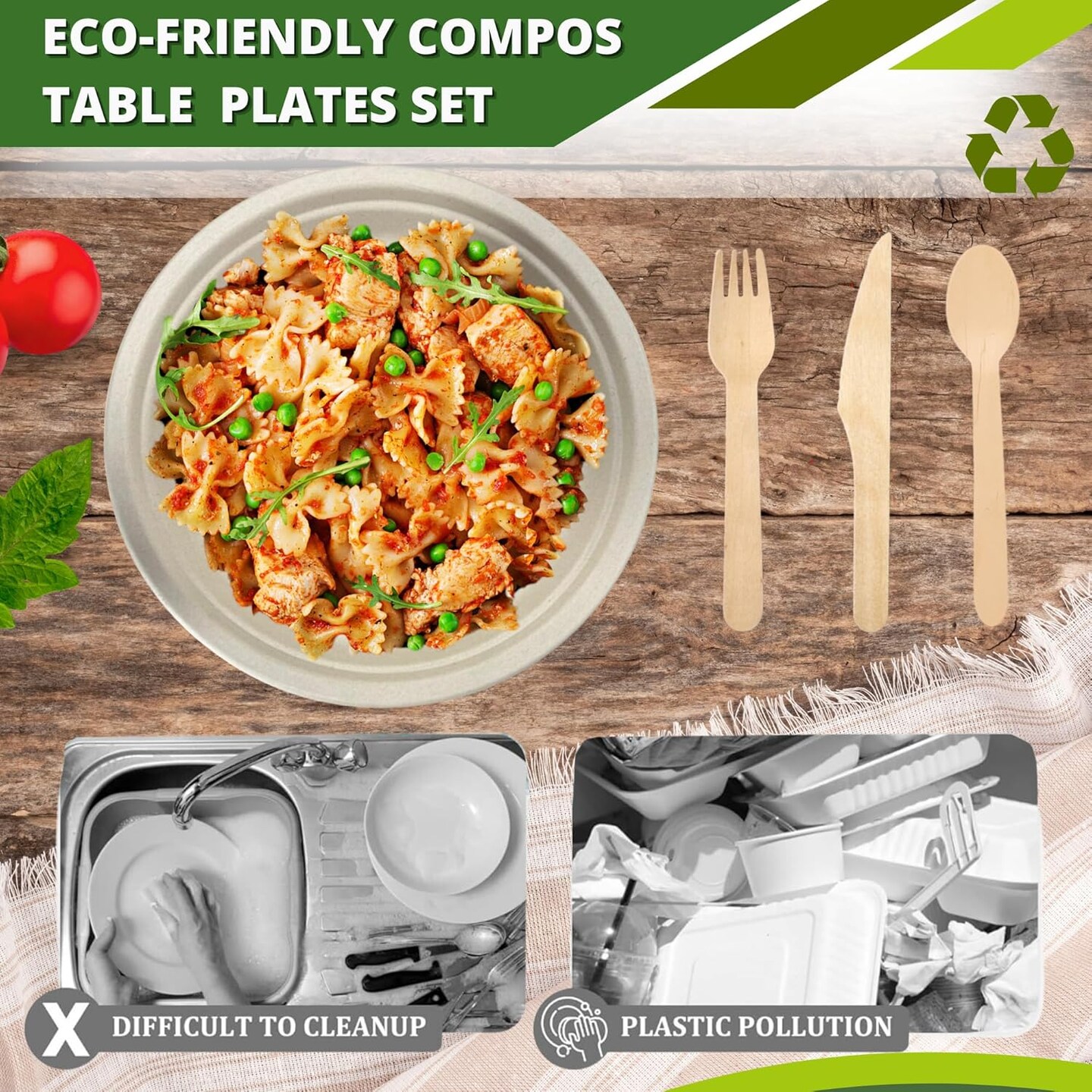 Compostable Paper Plates, 400 PCS Heavy-Duty Compostable Plates, Party Paper Plates &#x26; bowls (10 inch &#x26; 20 oz) Forks, Knives, Spoons, Cups &#x26; Napkins for Party, 50 Guest