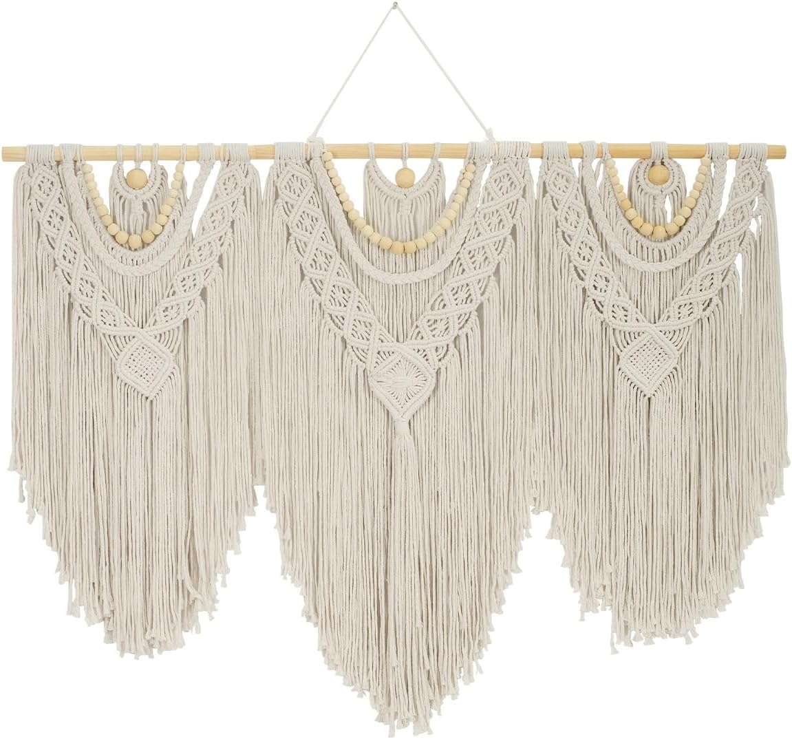 Large Macrame Wall Hanging, Cotton Hand-Woven Boho Tapestry Wall Decor, Above Bed Wall Art, Home Decoration for Bedroom Living Room Apartment Nursery (white, Bead)