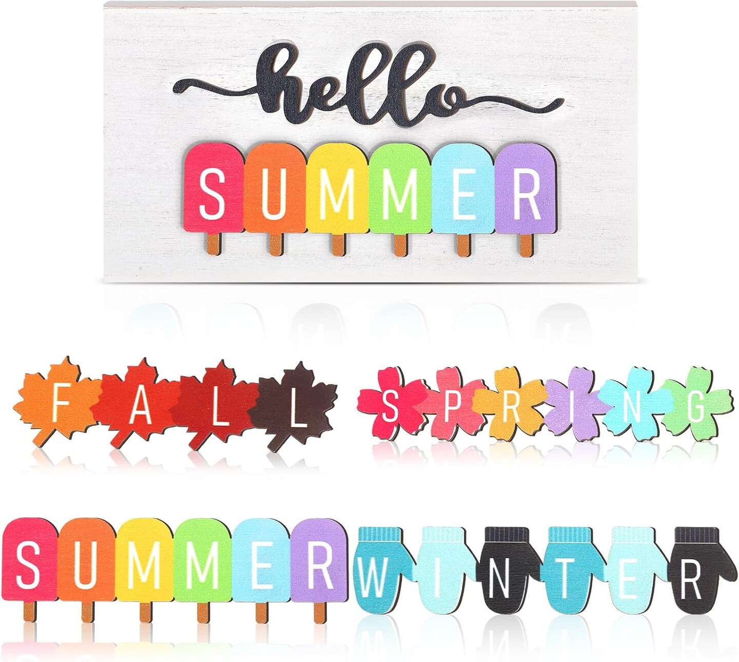 5 Pcs Hello Summer Sign Interchangeable Seasonal Sign Spring Fall Winter Tabletop Decor 5.9 x 3 Inch Wooden Gloves Decor 4 Seasons Farmhouse Table Centerpiece Decoration for Home(Fresh)