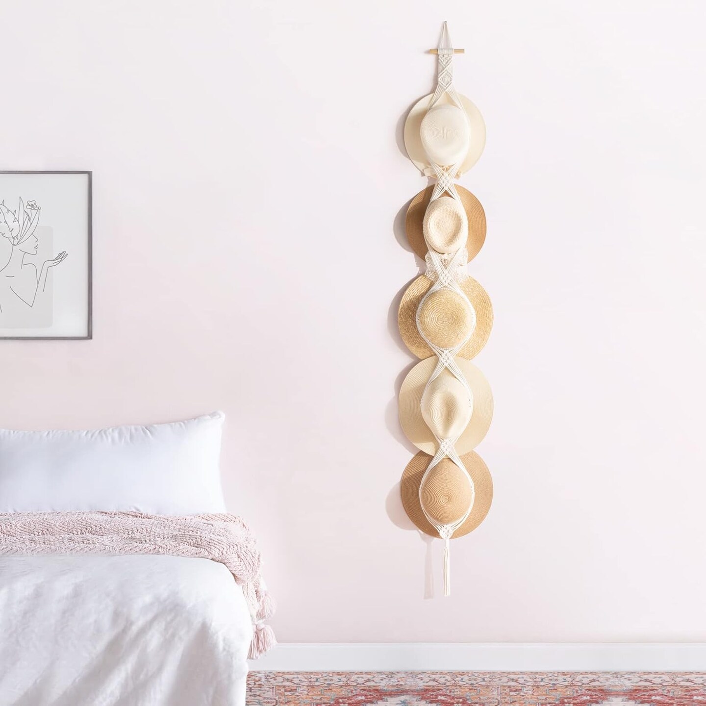 Macrame Hat Hangers Hat Rack for Wall Cowboy Hat Organizer Hanging Display Hand Weaving Bobo Hat Holder Westen Decor for Wide Brim Hats Bowler Fedora Hats, 5 Hats Style