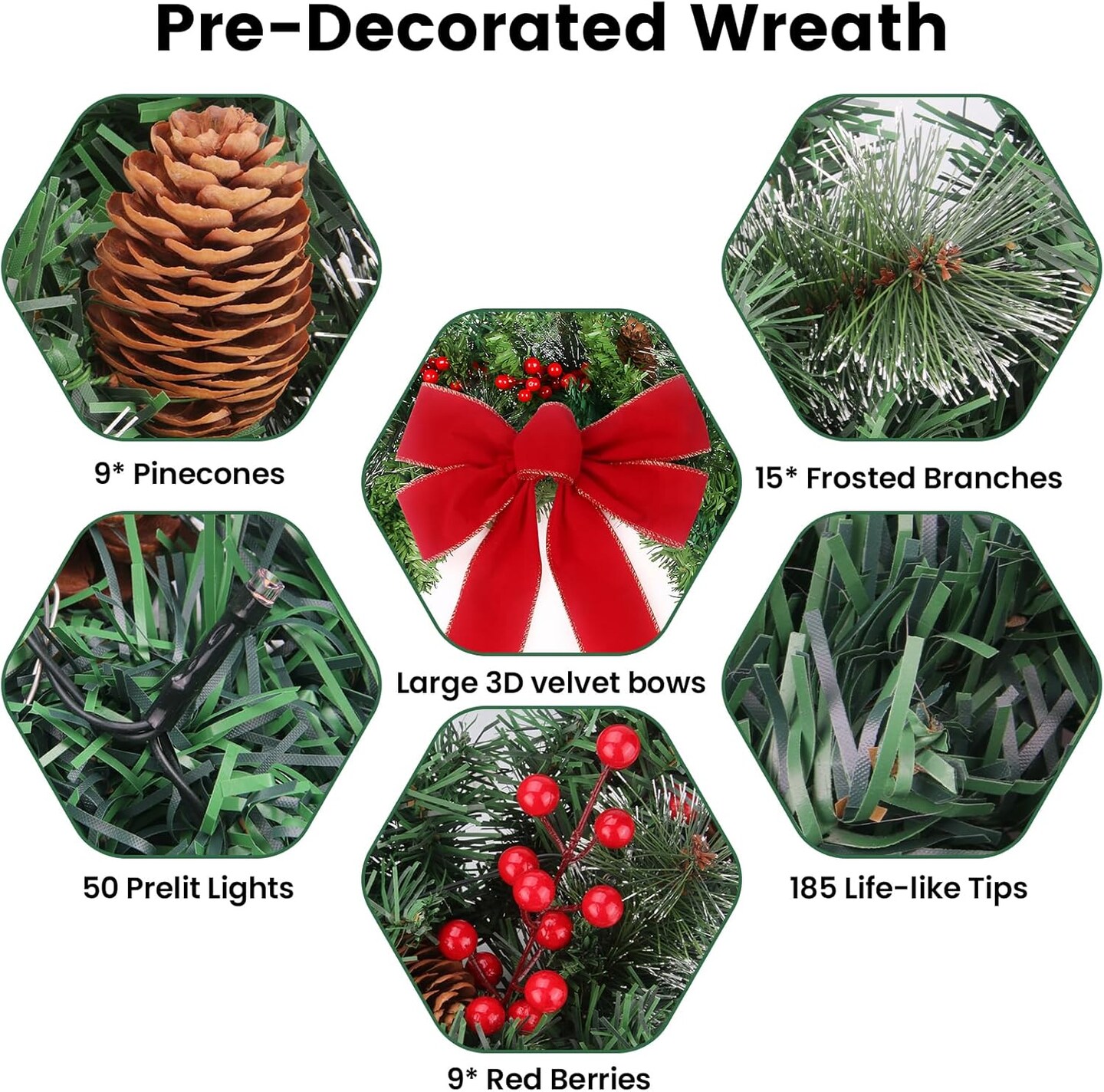 24in Prelit Christmas Wreath with Lights Timer and Remote (Warm White& Colorful) 3"D x 24"W x 24"H