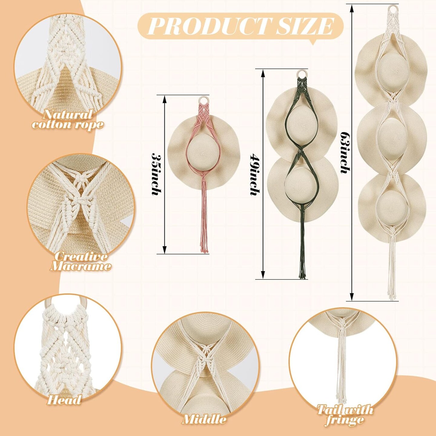 5 Pcs Macrame Hat Hangers for Wall Cowboy Hat Holders Boho Wall Mount Hanging Rack Display Hand Weaving for home storage Western Decoration, 3 Sizes and Colors