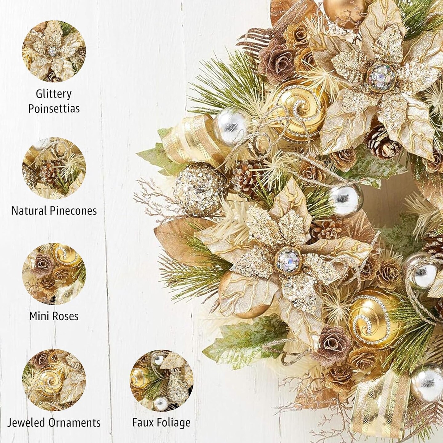 Champagne Gold Poinsettia Wreath - 22" Handcrafted Holiday Décor - Holiday Tree