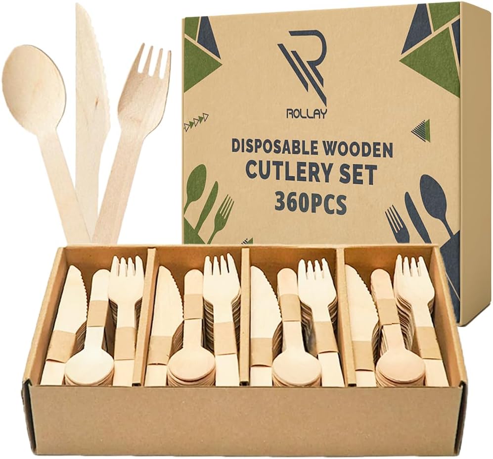 360 PCS Disposable Wooden Cutlery Set - Biodegradable Cutlery Set with Wooden Spoons, Forks, and Knives - Compostable Cutlery Wooden Utensils for Parties, Camping, and Picnic
