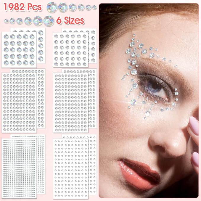 1982 Pieces Crystal AB Hair Rhinestones Stickers – Self-Adhesive Face Rhinestones, Bling Gems for Hair, Face, Body, Makeup, Clothes, Shoes, Bags, and DIY Crafts (6 Sizes)