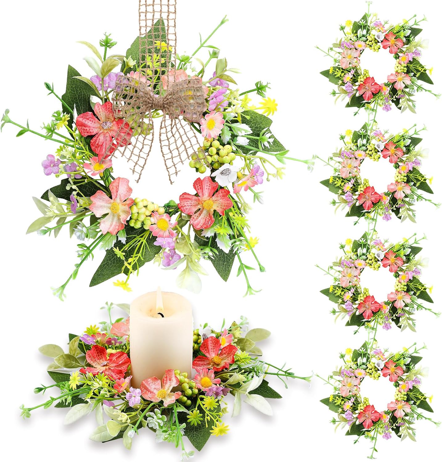 8 Pieces Mini Candle Wreaths Lavender Rose Hydrangea Spring Artificial Candle Rings Wedding Centerpieces for Tables Pillars Spring Summer Wreath
