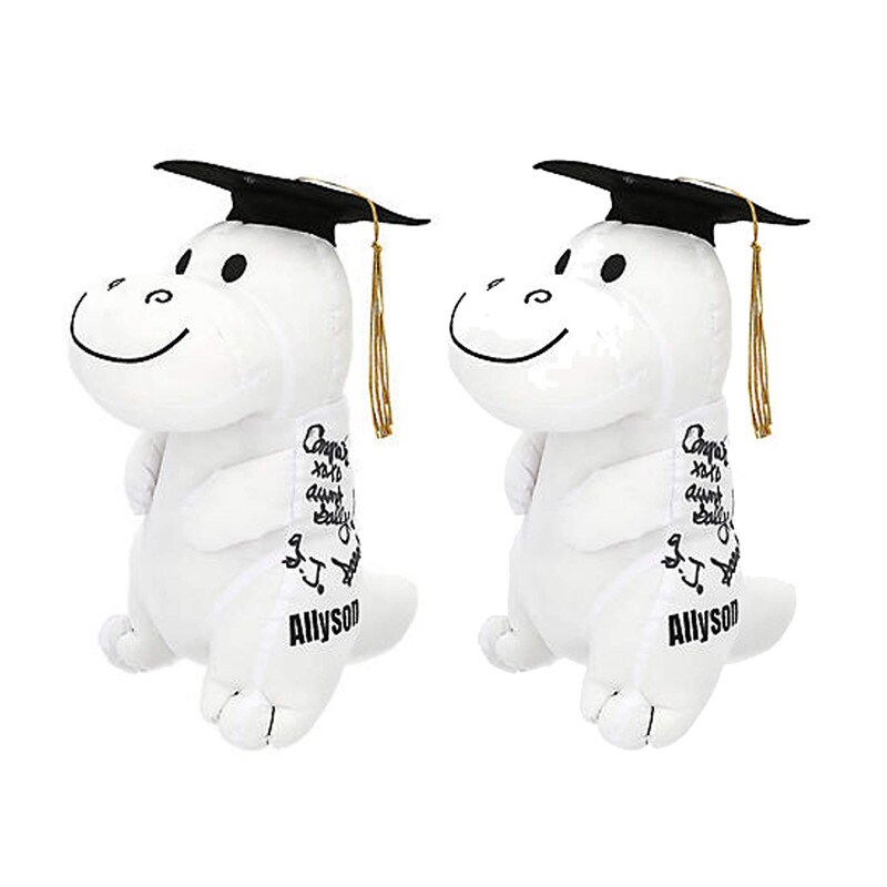 Personalized Graduation Autograph White Stuffed Dinosaur with Cap 6&#x22; x 11&#x22; Graduation Keepsake