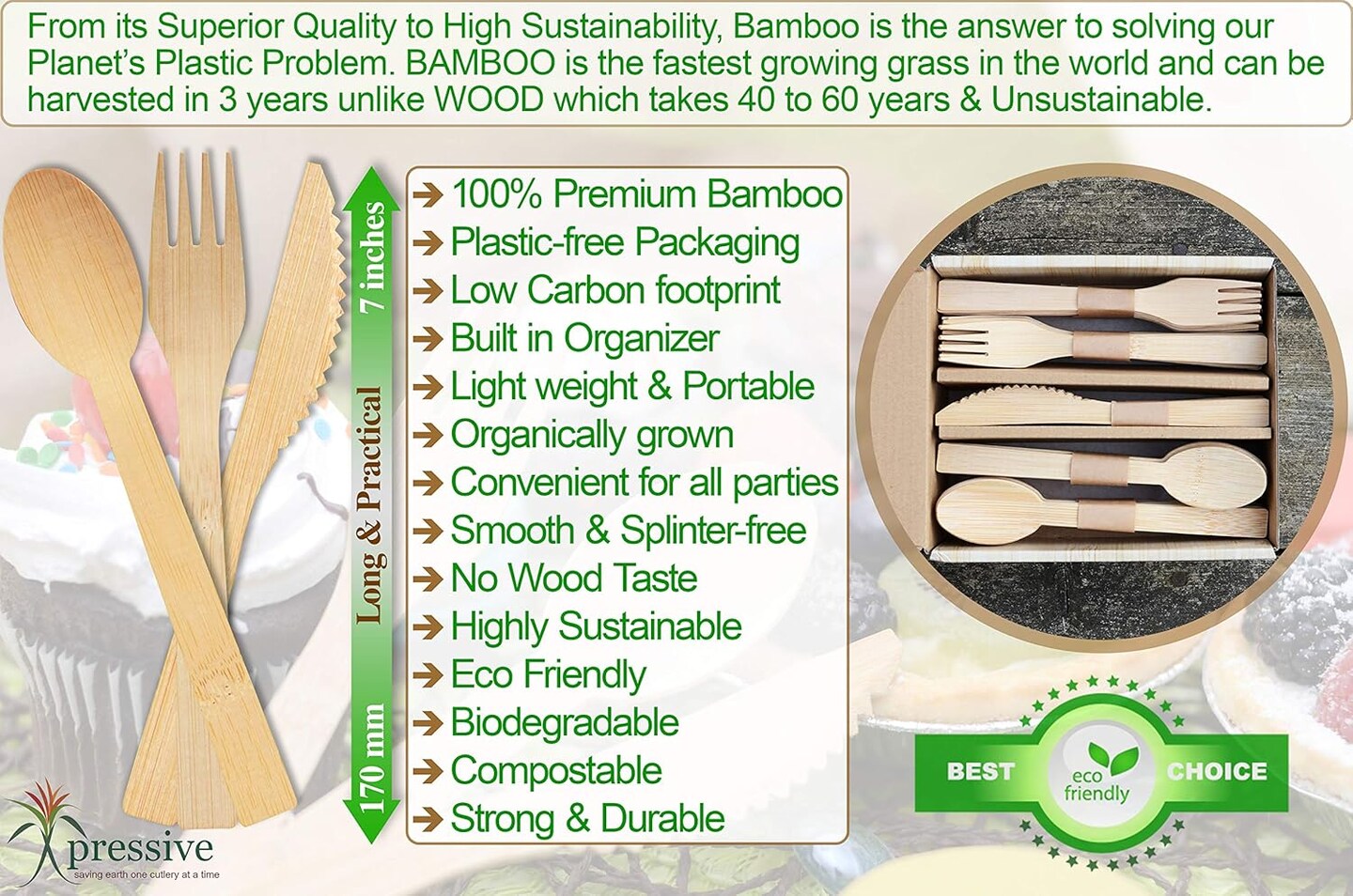 100% Bamboo Heavy Duty Disposable Cutlery [100PK:40 Fork 40 Spoon 20 Knife] Eco Friendly Natural Compostable Biodegradable Utensils | Premium Sustainable Organic alternate to Plastic &#x26; Wooden Flatware