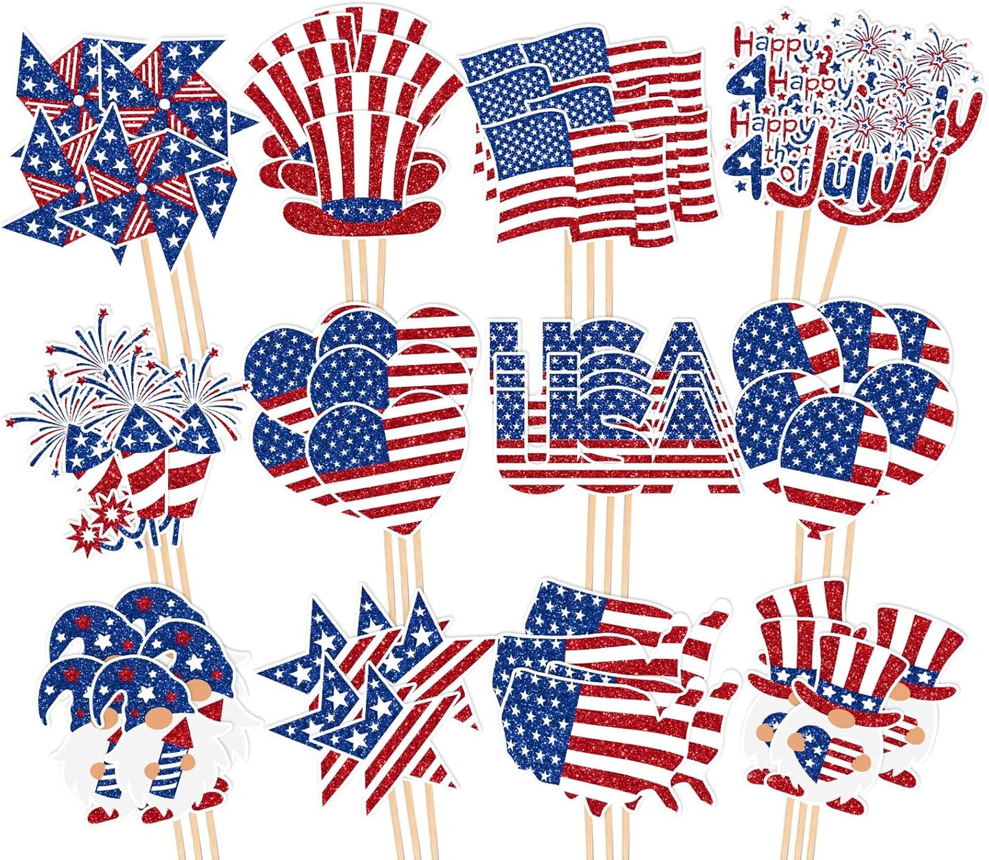 72-Piece Patriotic Cupcake Toppers, 4th of July Glitter Cupcake Picks with 12 Cartoon Red, White, & Blue Designs, Food Picks with Sticks and Glue Points for Independence Day, Memorial Day, and Party Cake Decorations