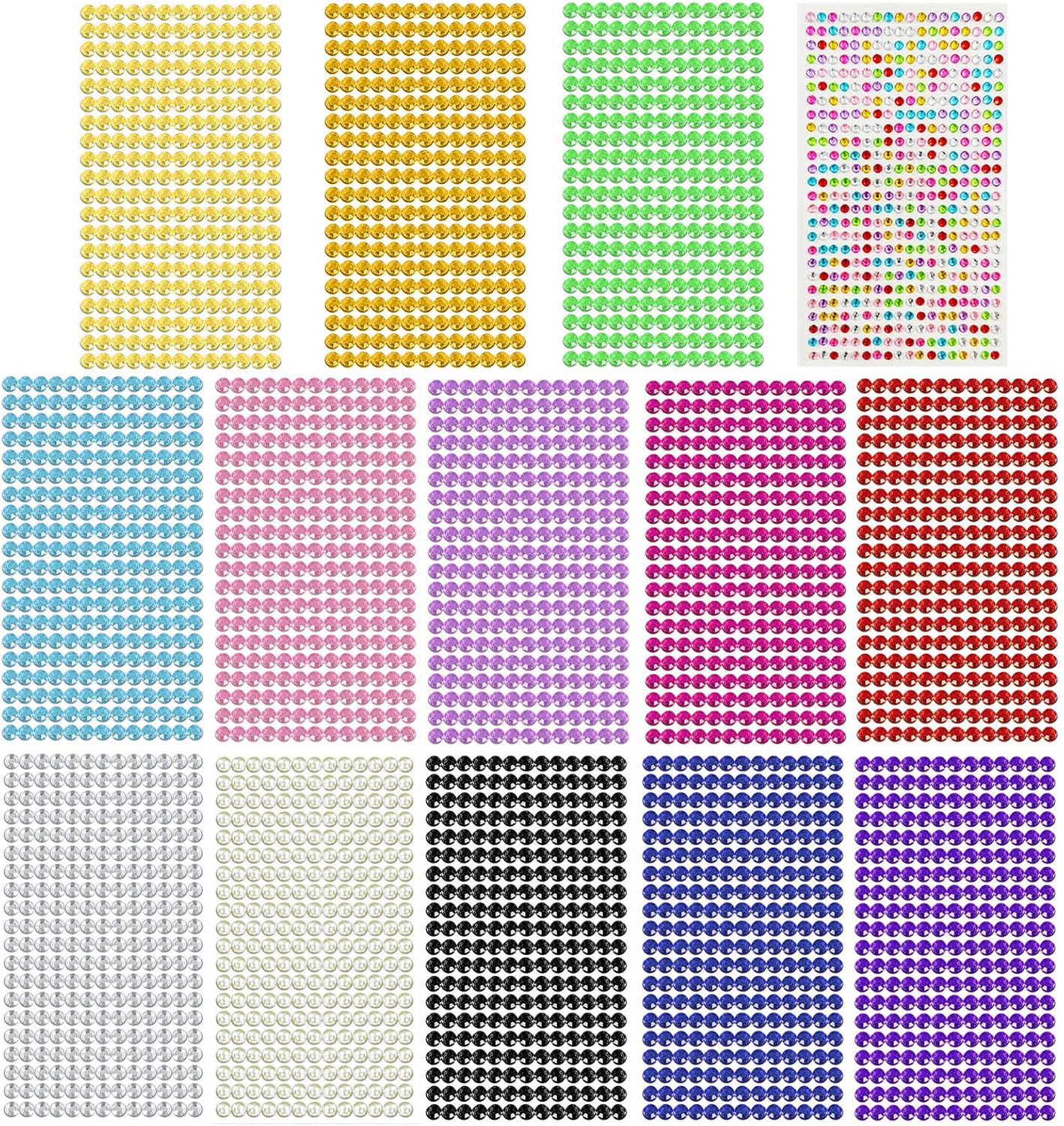 Self-Adhesive Rhinestone Stickers Gem Stickers, 3640 PCS Sparkling Gemstones Self-Adhesive Colored Half Round Beads for Facial Makeup Nail Art DIY Scrapbook 6mm