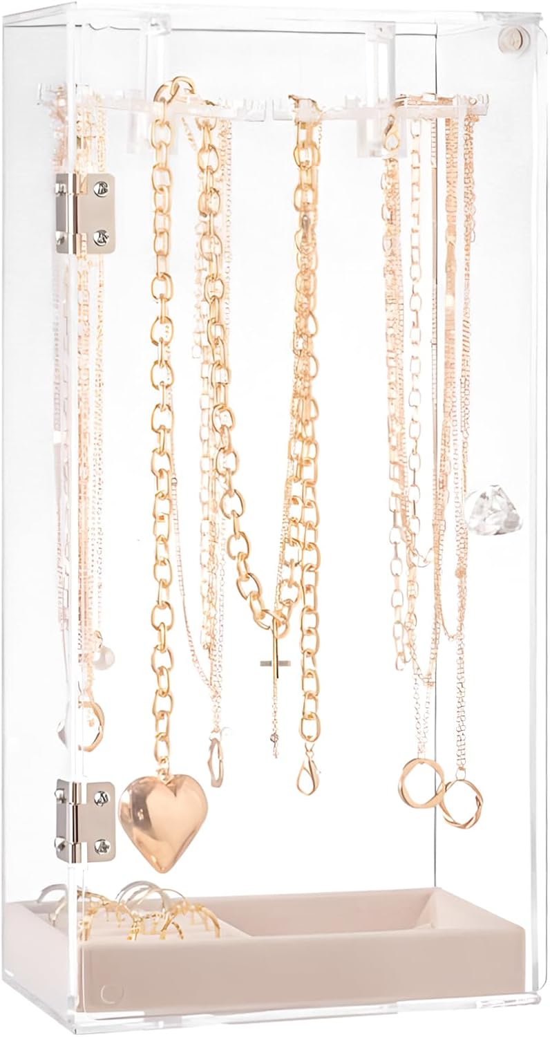 Acrylic Necklace Holder Jewelry Organizer Storage Box with Velvet Tray, Rotating Earring &#x26; Necklace Display Stand, 24 Hooks Clear Storage Rack for Bracelets, Rings, Long Necklaces