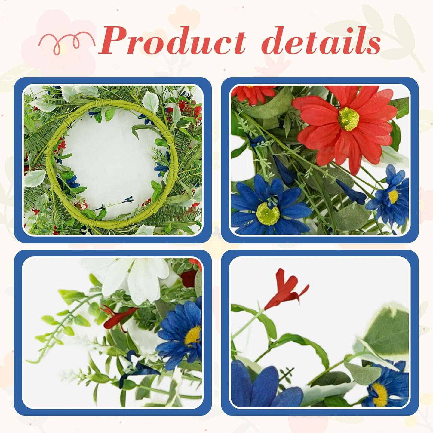 July 4th 18" Spring Summer Wreaths for Front Door, Patriotic American Wreath with Daisy Flowers Leaves, Artificial Floral Green Foliage for Wall Window Farmhouse Party Holiday Decor