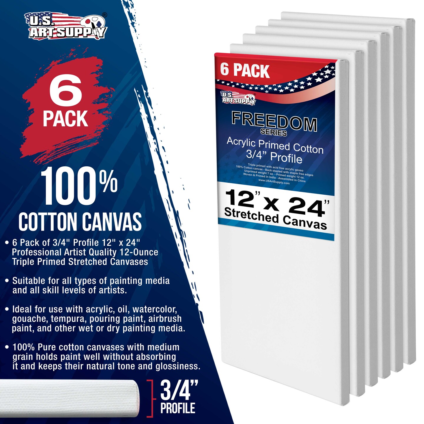 12 x 24 inch Stretched Canvas 12-Ounce Triple Primed, 6-Pack Professional  Artist Quality White Blank 3/4